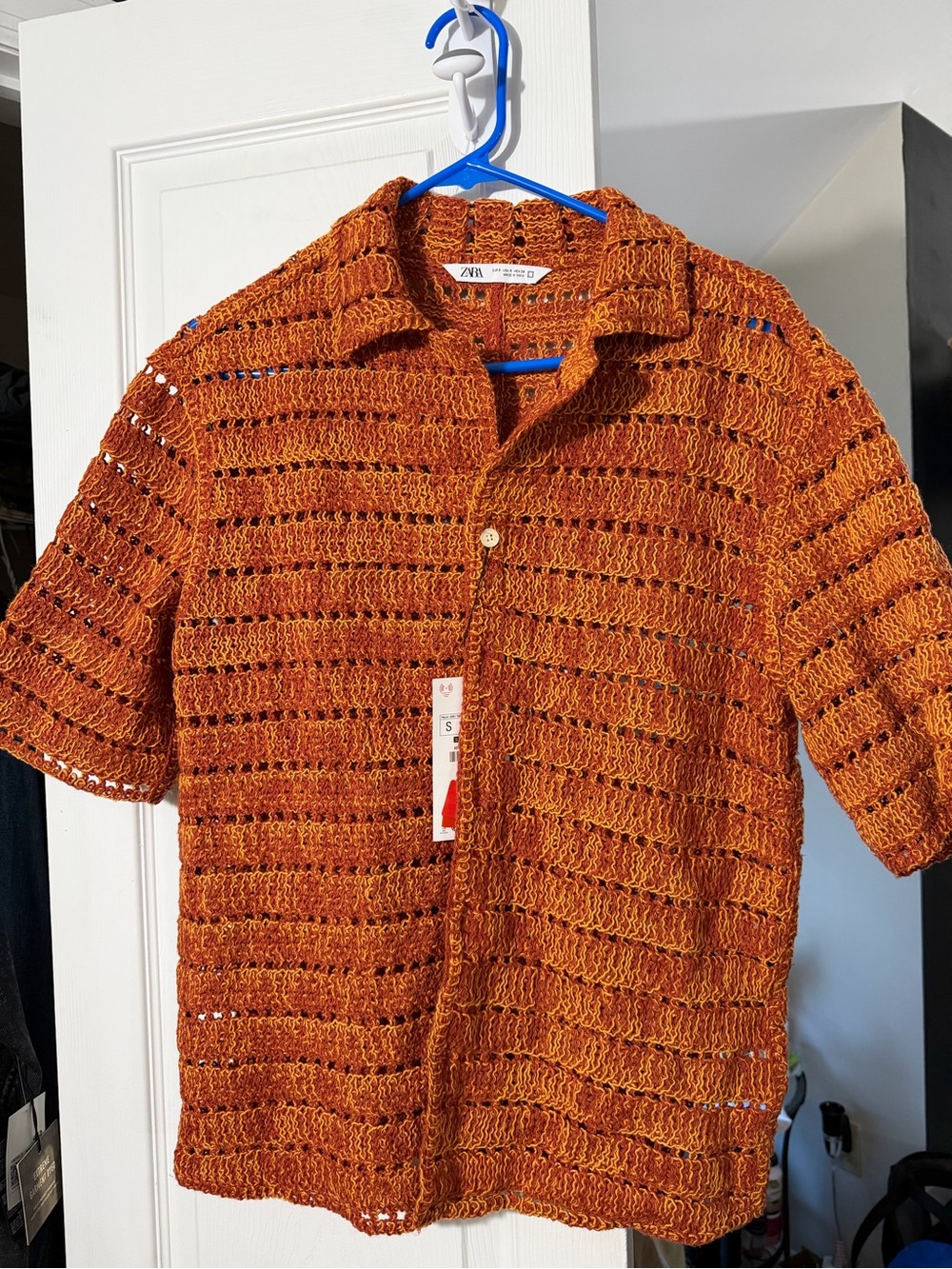 Zara Orange Crochet Short Sleeve Button-Down Shirt